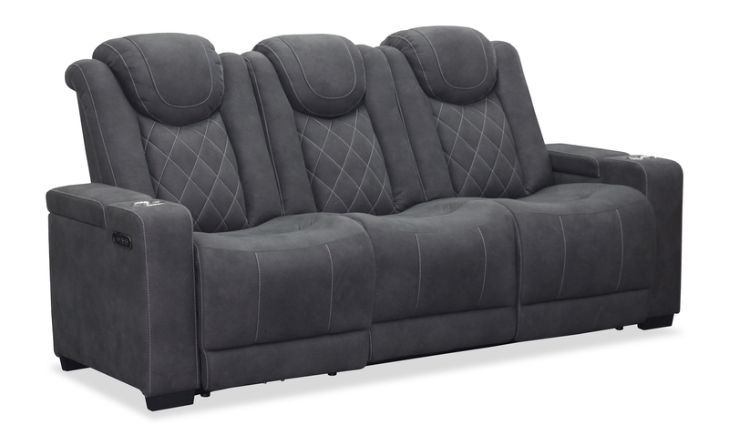Sofa à inclinaison électrique Venture de 83,5 po en suédine avec appuie-têtes électriques, porte-gobelets et port USB - gris