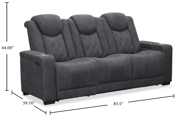 Sofa à inclinaison électrique Venture de 83,5 po en suédine avec appuie-têtes électriques, porte-gobelets et port USB - gris