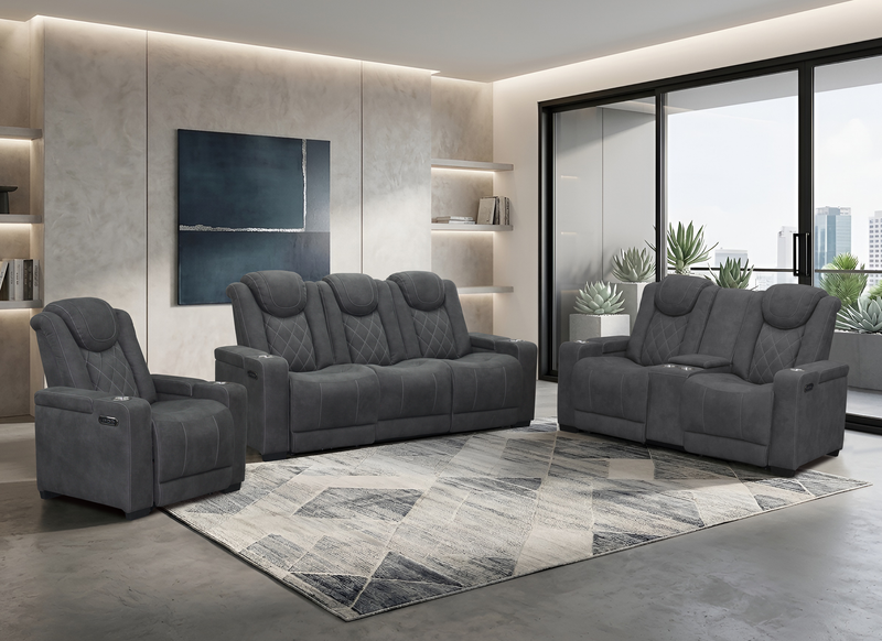 Sofa à inclinaison électrique Venture de 83,5 po en suédine avec appuie-têtes électriques, porte-gobelets et port USB - gris