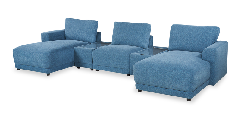 Sofa sectionnel modulaire de gauche Voyage 6 pièces en tissu avec console et pouf - bleu