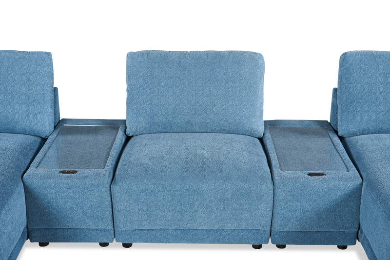 Sofa sectionnel modulaire de gauche Voyage 6 pièces en tissu avec console et pouf - bleu