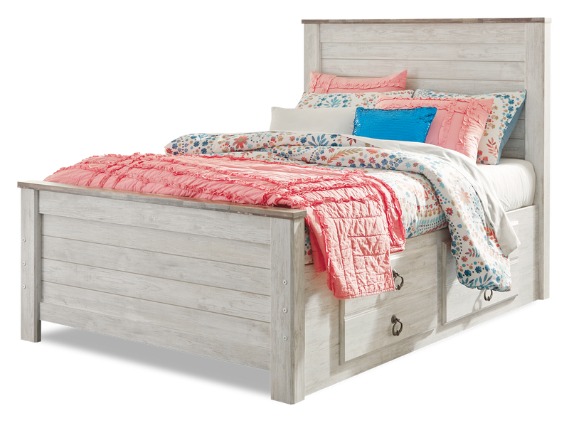 Lit plateforme de rangement Willowton pour enfants avec tête de lit et cadre de lit, blanchi - format lit double