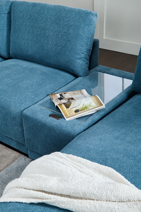 Sofa sectionnel modulaire de gauche Voyage 6 pièces en tissu avec console et pouf - bleu