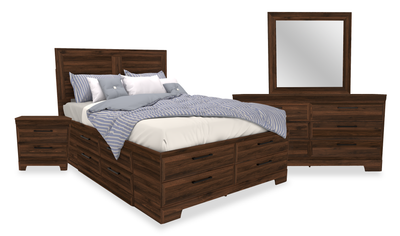 Yorkdale 6pc Set,12-Drawer Storage, Dresser, Mirror & Nightstand, Walnut Brown - Full Size | Ensemble de chambre à coucher Yorkdale 6 pièces avec lit de rangement à 12 tiroirs, commode, miroir et table de nuit, brun noyer - format lit double | YOROFSP6