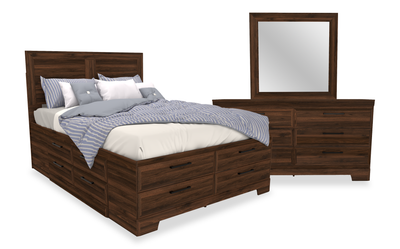 Yorkdale 5pc Bedroom Set with 12-Drawer Storage Bed, Dresser & Mirror, Walnut Brown - Queen Size | Ensemble de chambre à coucher Yorkdale 5 pièces avec lit de rangement à 12 tiroirs, commode et miroir, brun noyer - format grand lit
