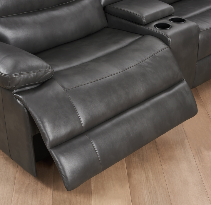 Sofa sectionnel à inclinaison électrique Zayne 6 pièces en tissu d’apparence cuir avec console et ports de recharge USB - gris
