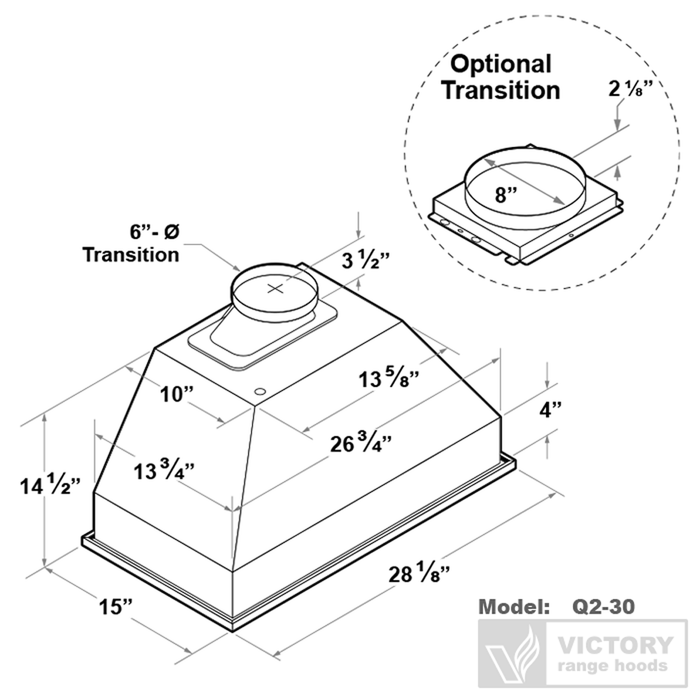 Hotte de cuisinière encastrée Victory de 30 po et de 700 pi3/min en acier inoxydable - Q2-30