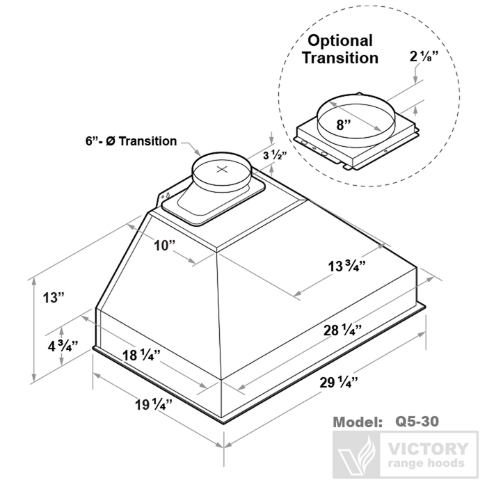 Hotte de cuisinière encastrée Victory de 30 po et de 750 pi3/min en acier inoxydable - Q5-30
