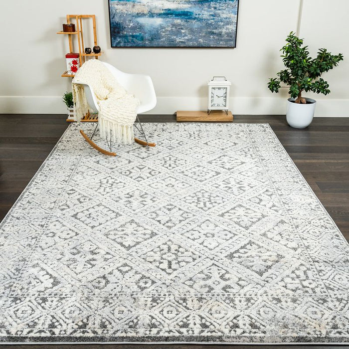 Carpette Darius grise à motif de diamants rétro - 6 pi 7 po x 9 pi 6 po