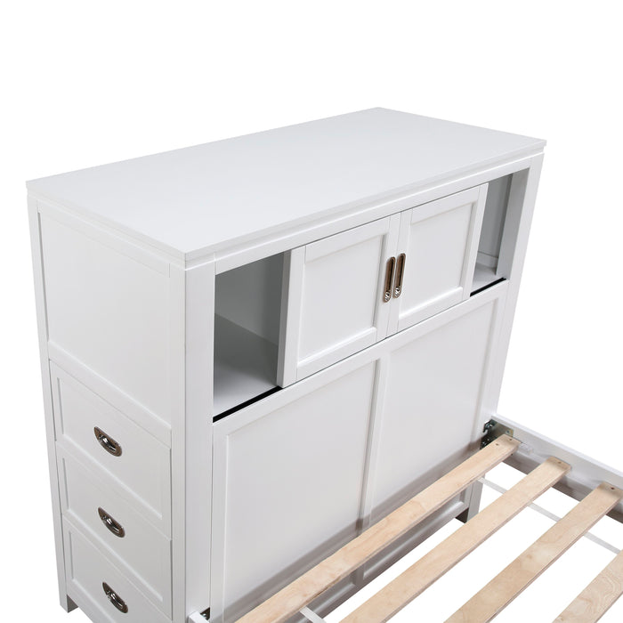 Lit plateforme Quinn avec tête de lit bibliothèque, bureau intégré et tabouret, blanc - format lit double
