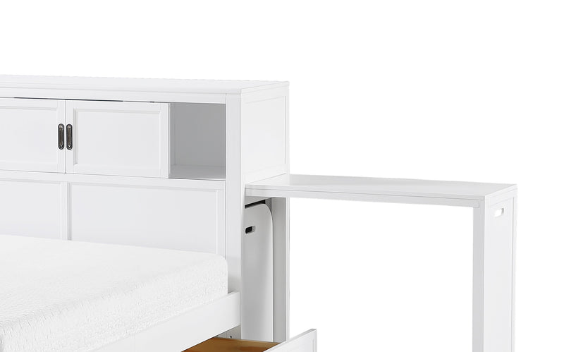 Lit plateforme Quinn avec tête de lit bibliothèque, bureau intégré et tabouret, blanc - format lit double