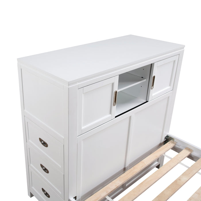 Lit plateforme Quinn avec tête de lit bibliothèque, bureau intégré et tabouret, blanc - format lit double