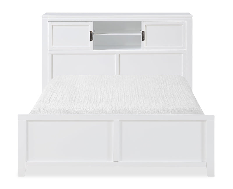 Lit plateforme Quinn avec tête de lit bibliothèque, bureau intégré et tabouret, blanc - format lit double