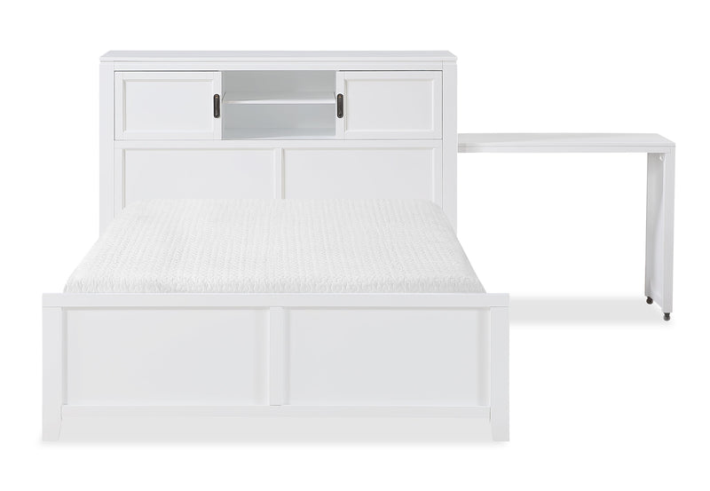 Lit plateforme Quinn avec tête de lit bibliothèque, bureau intégré et tabouret, blanc - format lit double