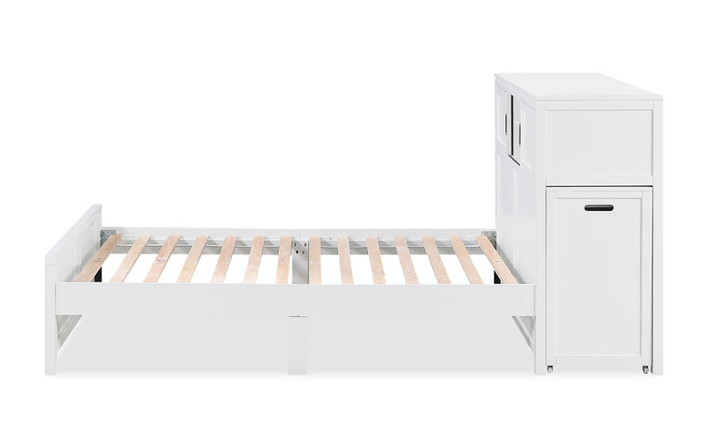 Lit plateforme Quinn avec tête de lit bibliothèque, bureau intégré et tabouret, blanc - format lit double