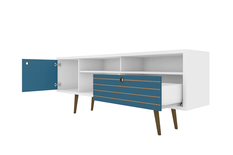 Meuble pour téléviseur Liberty de Manhattan Comfort de 70,86 po de style moderne du milieu du 20e siècle avec 4 espaces tablette et 1 tiroir - blanc et bleu turquoise