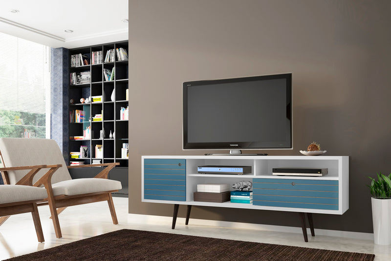 Meuble pour téléviseur Liberty de Manhattan Comfort de 70,86 po de style moderne du milieu du 20e siècle avec 4 espaces tablette et 1 tiroir - blanc et bleu turquoise