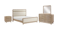  Ensemble de chambre à coucher Sasha 6 pièces avec lit en tissu, commode, miroir et table de nuit, brun chêne naturel - format très grand lit