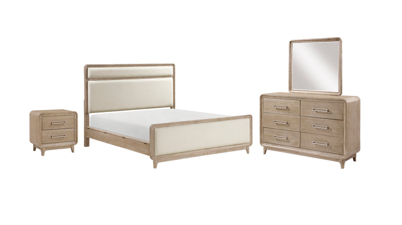 Ensemble de chambre à coucher Sasha 6 pièces avec lit en tissu, commode, miroir et table de nuit, brun chêne naturel - format très grand lit