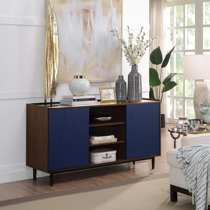 Desserte moderne Duane de Manhattan Comfort de 59,05 po avec cannelures et tablettes réglables - brun foncé et bleu marine