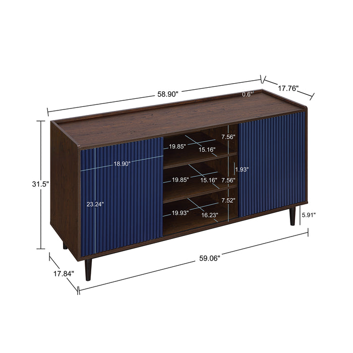 Desserte moderne Duane de Manhattan Comfort de 59,05 po avec cannelures et tablettes réglables - brun foncé et bleu marine