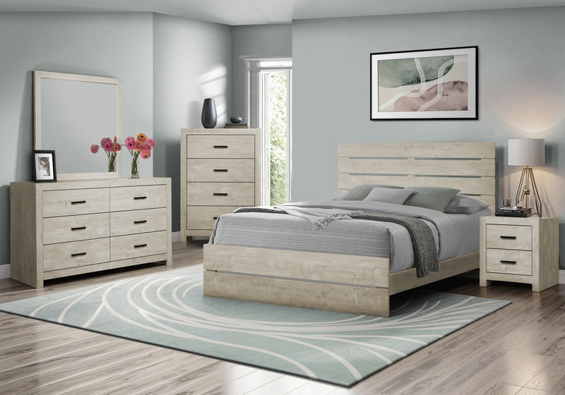 Ensemble de chambre à coucher Soren 6 pièces avec lit à panneaux à lattes, commode, miroir et table de nuit, chêne blanchi - format grand lit