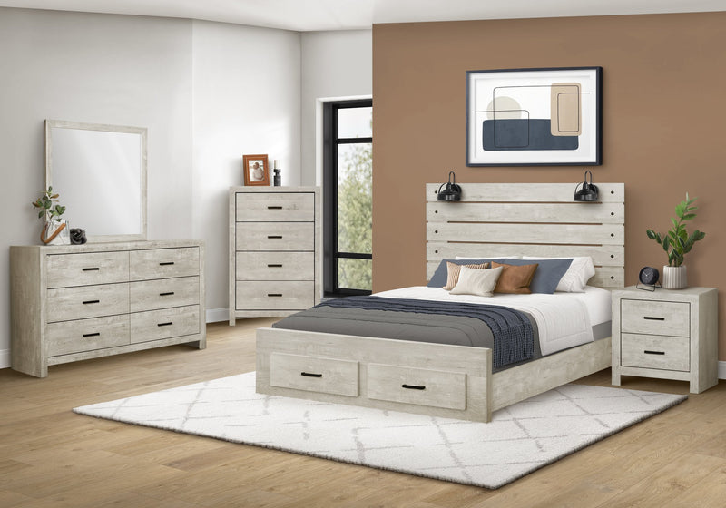 Ensemble de chambre à coucher Soren 6 pièces avec lit de rangement, commode, miroir, table de nuit et éclairage à DEL , chêne blanchi - grand lit