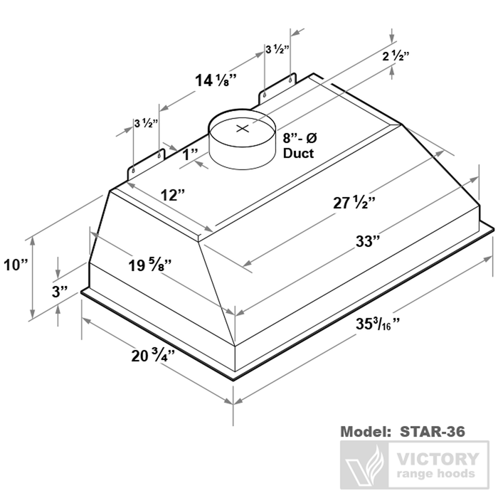 Hotte de cuisinière encastrée Victory de 36 po et de 900 pi3/min en acier inoxydable - Star-36