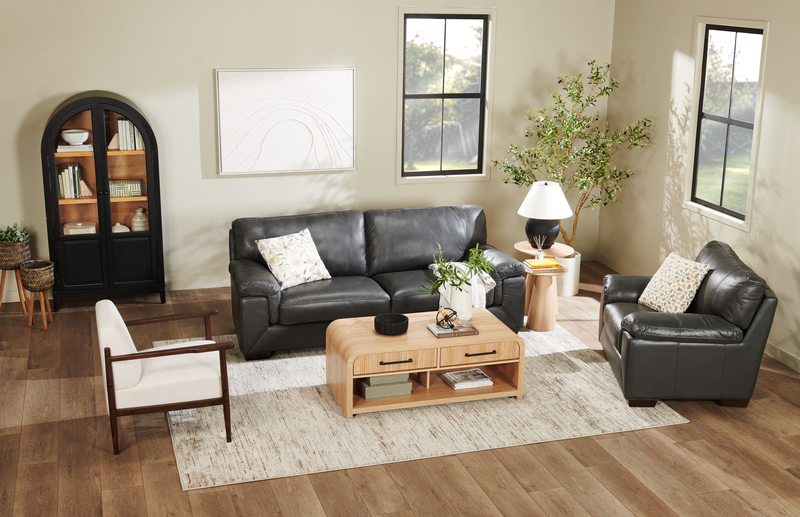 Sofa Classico de 90 po en cuir véritable avec pattes en bois - gris carbone