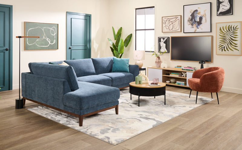 Sofa sectionnel de gauche Horizon 2 pièces en tissu avec base et pattes en bois - bleu marine