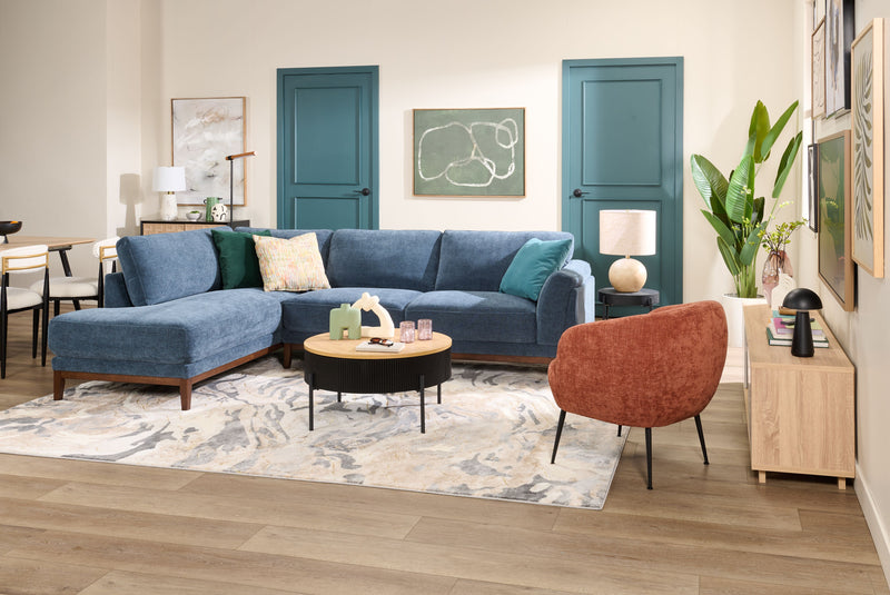 Sofa sectionnel de gauche Horizon 2 pièces en tissu avec base et pattes en bois - bleu marine