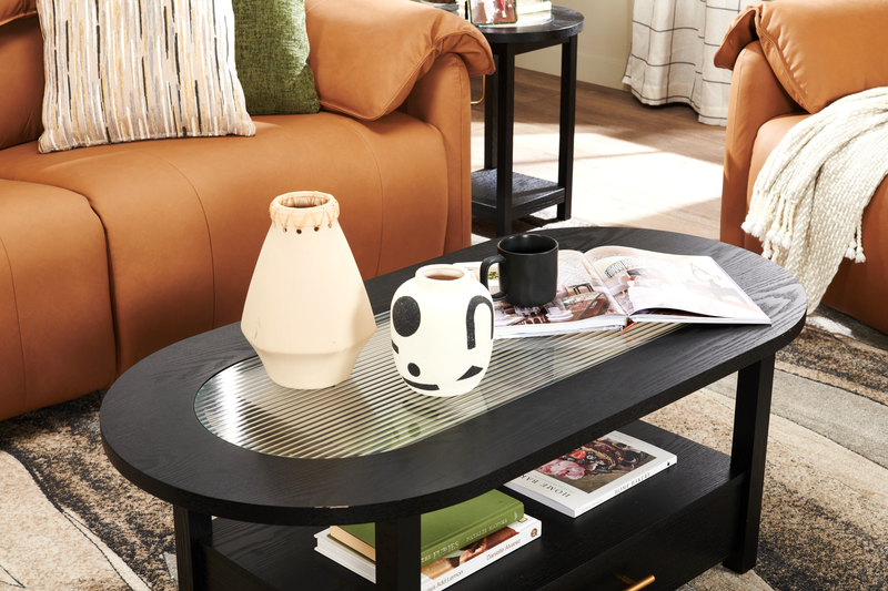 Table à café Dalton de 47.5 po avec dessus en verre et tiroir - noire 