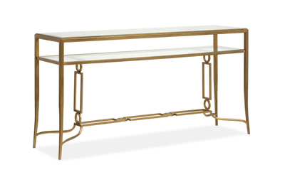 Avondale 60" Glam Glass Sofa Table with Shelf - Burnished Brass |  Table de salon somptueuse Avondale de 60 po en verre avec tablette - laiton poli