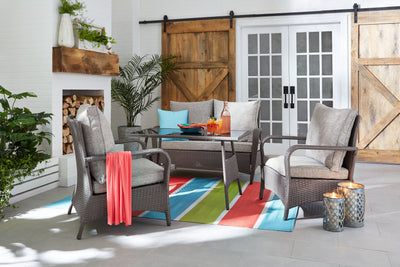 Nassau 4-Piece Outdoor Patio Set with Loveseat, 2 Chairs & Glass Top Dining Table - Hand-Woven Resin Wicker, Olefin Fabric, UV & Weather Resistant - Grey | Ensemble de conversation Nassau 4 pièces - gris | NA2G4SET