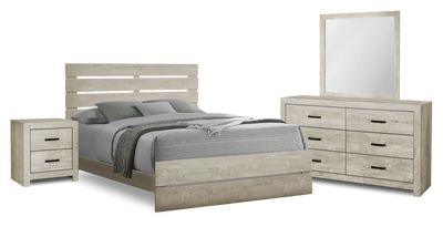 Soren 6pc Bedroom Set with Slat Panel Bed, Dresser, Mirror & Nightstand, Bleached Oak - Queen Size | Ensemble de chambre à coucher Soren 6 pièces avec lit à panneaux à lattes, commode, miroir et table de nuit, chêne blanchi - format grand lit