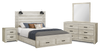 Ensemble de chambre à coucher Soren 6 pièces avec lit de rangement, commode, miroir, table de nuit et éclairage à DEL , chêne blanchi - grand lit