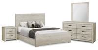 Ensemble de chambre à coucher Soren 6 pièces avec lit à panneaux, commode, miroir et table de nuit, chêne blanchi - format grand lit