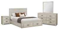 Ensemble de chambre à coucher Soren 6 pièces avec lit de rangement, commode, miroir et table de nuit, chêne blanchi - format grand lit