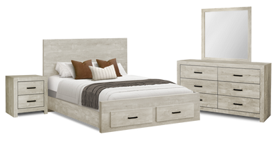 Soren 6pc Bedroom Set with Storage Bed, Dresser, Mirror & Nightstand, Bleached Oak - Queen Size | Ensemble de chambre à coucher Soren 6 pièces avec lit de rangement, commode, miroir et table de nuit, chêne blanchi - format grand lit