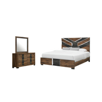  Ensemble de chambre à coucher moderne Titanium brun 5 pièces avec lit, commode, miroir et éclairage à DEL - format très grand lit