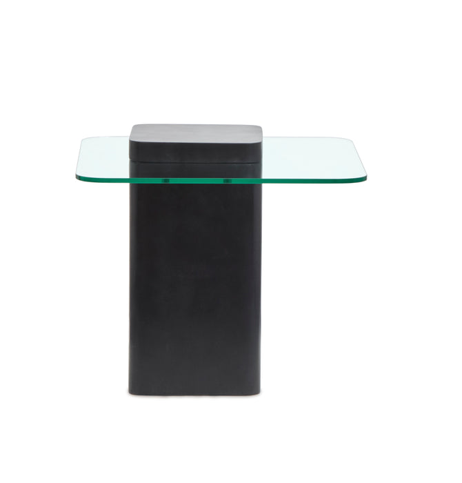 Table de bout contemporaine Trevor de 21,65 po avec dessus en verre et base en béton - obsidienne