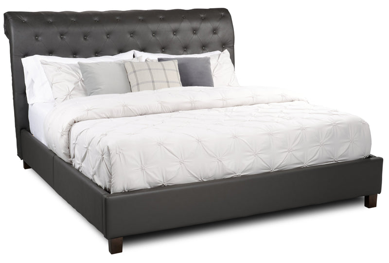 Lit plateforme rembourré Tulsa en tissu de cuir végétalien gris avec capitonnage à boutons - format très grand lit