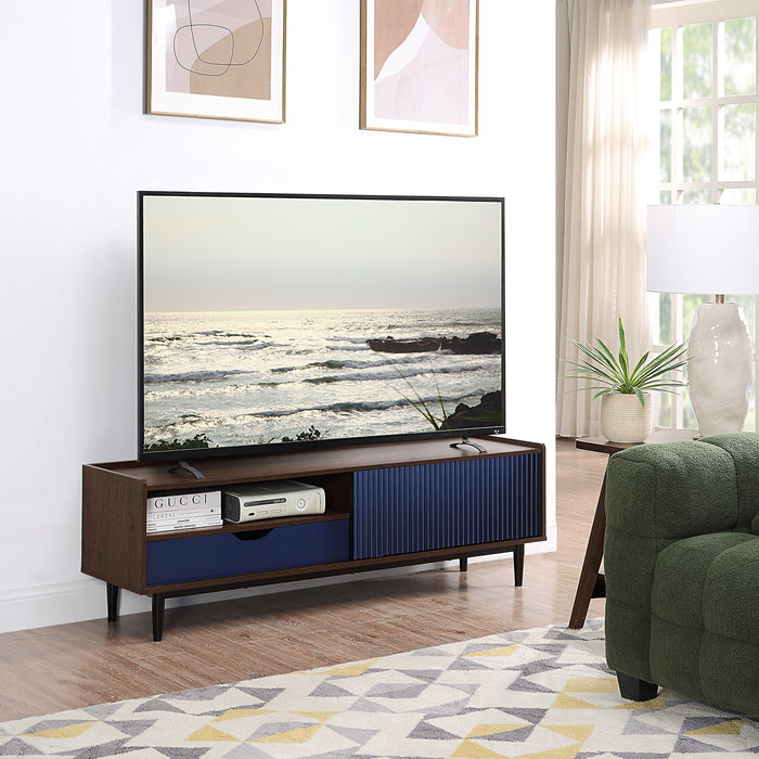 Meuble pour téléviseur moderne Duane de Manhattan Comfort de 59,25 po avec cannelures - brun foncé et bleu marine