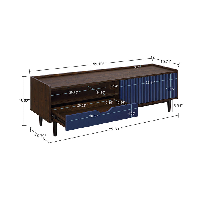 Meuble pour téléviseur moderne Duane de Manhattan Comfort de 59,25 po avec cannelures - brun foncé et bleu marine