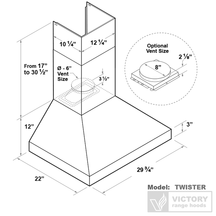 Hotte de cuisinière murale Victory de 30 po et de 750 pi3/min en acier inoxydable - Twister-30
