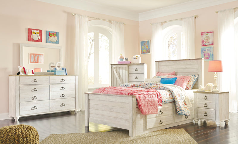 Lit plateforme de rangement Willowton pour enfants avec tête de lit et cadre de lit, blanchi - format lit double