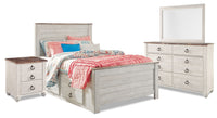  Ensemble de chambre à coucher Willowton 6 pièces avec lit plateforme de rangement, commode, miroir et table de nuit, blanchi - lit double