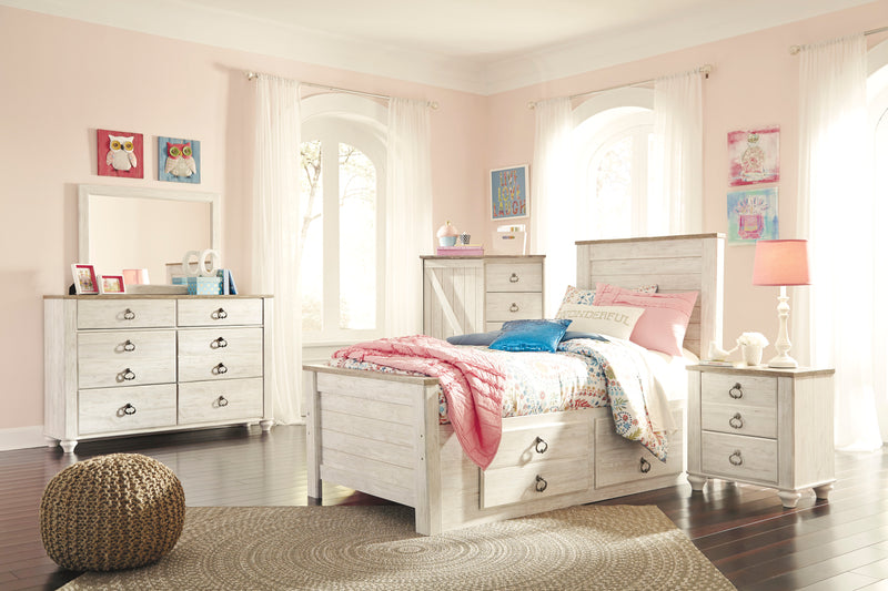 Lit plateforme de rangement Willowton pour enfants avec tête de lit et cadre de lit, blanchi - format lit simple