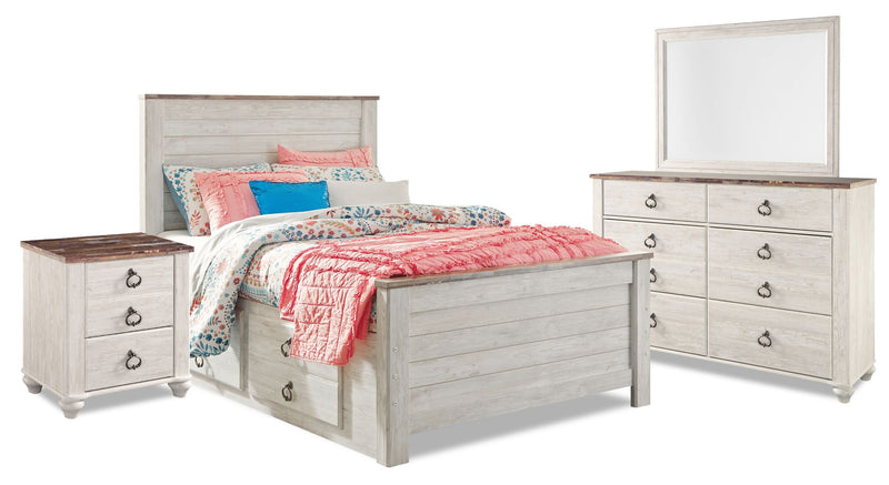 Ensemble de chambre à coucher Willowton 6 pièces avec lit plateforme de rangement, commode, miroir et table de nuit, blanchi - lit simple