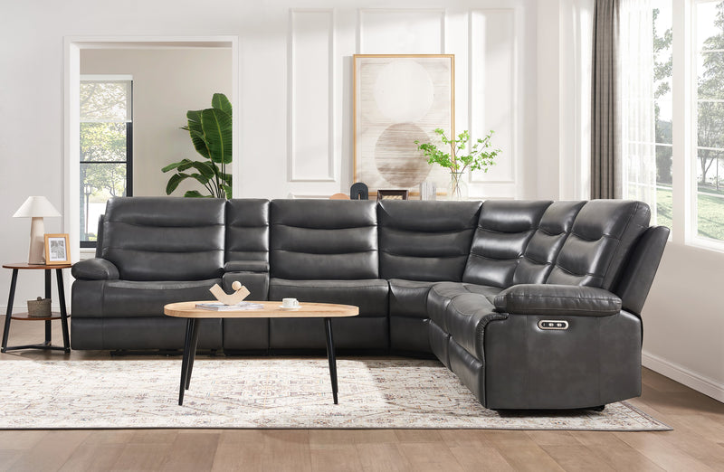 Sofa sectionnel à inclinaison électrique Zayne 6 pièces en tissu d’apparence cuir avec console et ports de recharge USB - gris